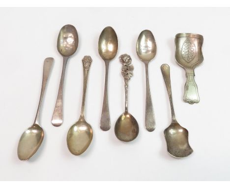 Four Georgian silver teaspoons, two by Peter &amp; Anne Bateman; a modern silver teaspoon; a silver sugar spoon; an electropl