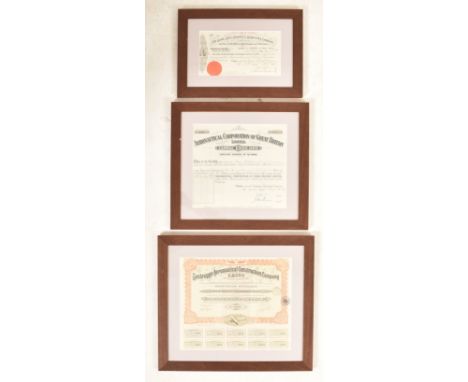 A collection of three aeronautical and engineering share certificates. The lot comprising Zeebrugge Aeronautical Construction