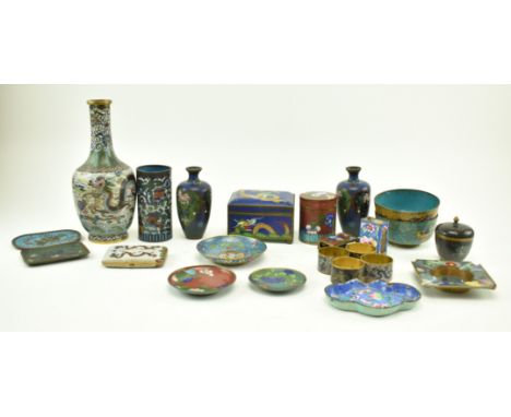 A collection of twenty-one pieces of 19th &amp; 20th century Chinese Oriental cloisonne pieces. The lot comprising one white 