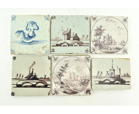 A collection of five 18th century and later puce Dutch Delft tiles, each depicting hand painted topographical landscape scene