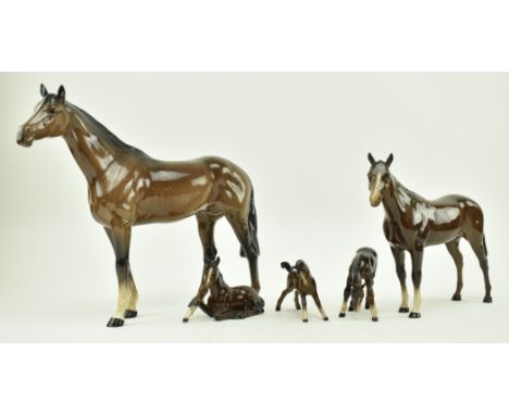 Beswick - A collection of five vintage 20th century porcelain horses and&nbsp;foals. Each finished in a brown and black glaze