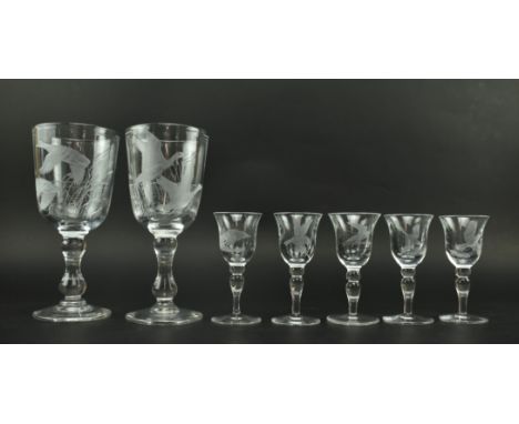 Robert Ellison - a collection of seven 20th century engraved glass wine glasses, all with bird design. The lot comprising a p