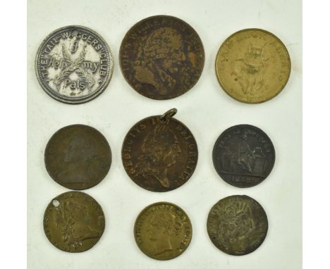 A collection of nine 18th century &amp; later circulated token coins. The tokens comprising WW1 Good Luck Always gilded cat c