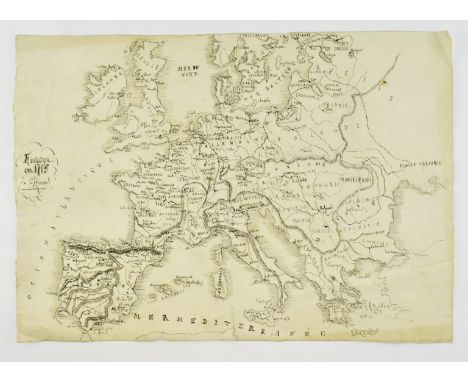 A 19th century French hand drawn manuscript map of Europe as it was in 1715. With cartouche to left hand side of leaf reading