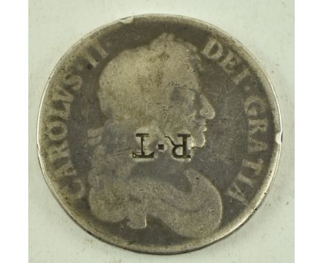 1673 Charles II silver half crown. The half crown with Carolus II Dei Gratia bust to one side, R. T. stamped over chin, to re