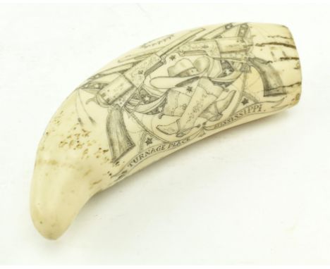 A vintage scrimshaw style resin carved piece, produced for Turnage Place, Mississippi. The resin tooth featuring carved guns,