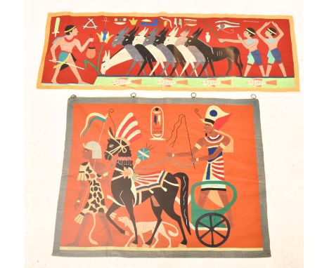 Two Egyptian Revival vintage 20th century textile wall hanging tapestries. The lot to include a rectangular orange ground wal