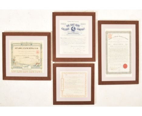 A collection of four railway and industrial share certificates. The lot comprising Ramsgate &amp; Margate Tramway company, mo