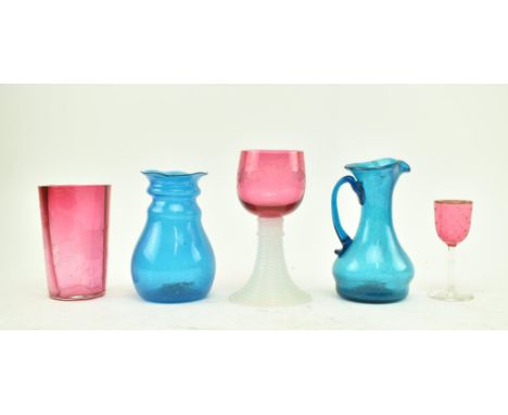 A collection of five pieces of late 19th &amp; early 20th century Victorian and German coloured glassware in cranberry and sk