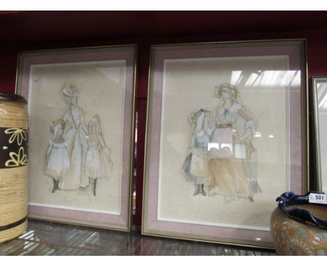 ROBIN FRAZIER PAYNE (XX): A pair of framed and glazed watercolour highlighted portrait sketches of women and young girls in p