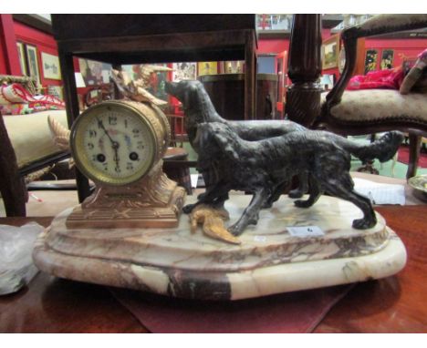 A French clock, with unmarked 8-day movement, strikes on bell, two hunting dogs with birds. on marble base, 28cm tall