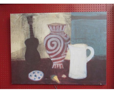 A modernist print on canvas depicting still life of violin, jug and vase, 60cm x 80cm approx.