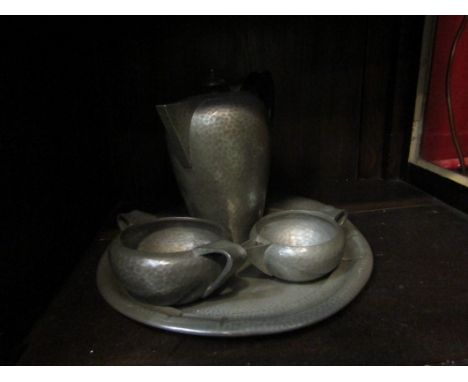 A William Hutton Arts &amp; Crafts pewter coffee set on an English pewter tray