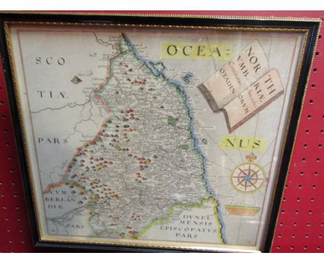 A Saxton hand-coloured map print of Northumbria, framed and glazed