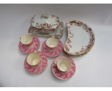 A set of four Victorian Worcester "Queen Anne" coffee cups and saucers and a Limoges sauce tureen and hors d'oeuvre dishes