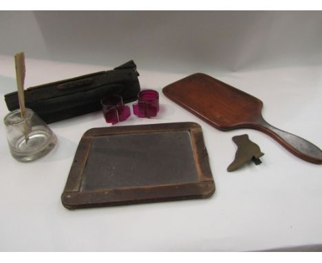 A box containing a small scratch built pond yacht, quill pen in ink pot, mahogany mirror, child's slate etc