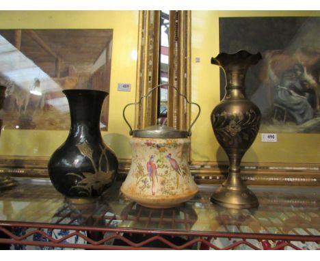 Two Eastern style vases and a ceramic lidded biscuit barrel