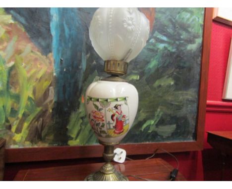 An oil lamp style electric table lamp with frosted moulded shade, ceramic base transfer printed with geisha girls, 60cm tall