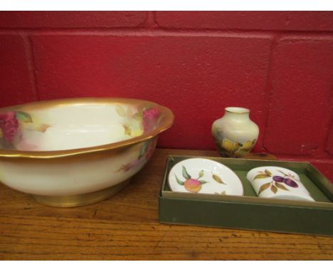 Royal Worcester - small vase hand painted with sheep (no.2491), boxed vase and dish and rose patterned bowl with purple stamp