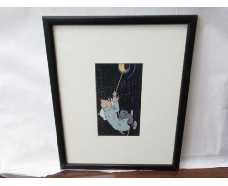 A print depicting 'Tin-Tin' and dog climbing up boat to porthole, framed and glazed, 13cm x 7cm