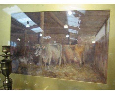 M. MAITLAND KING: An early 20th Century watercolour depicting cows in a cowshed, unsigned, 30cm x 45cm, framed and glazed, in