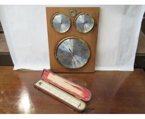 Vintage weather station (barometer, hygrometer and thermometer) Instruments made by K.Fischer (Germany). Small brass plaque c