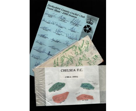 Sport collection 3 multi signed sheets Football and cricket includes Chelsea signed sheet from the 40s/ 50s era including Bil