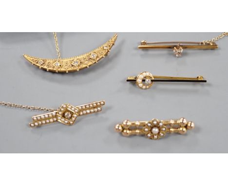 Two assorted late 19th/early 20th century 15ct, diamond and seed pearl set bar brooches including crescent, 53mm and enamel a