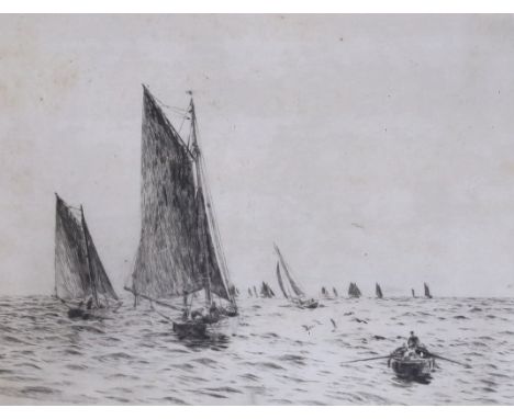 William Lionel Wyllie (1851-1931), drypoint etching, 'Fishing boats on the Hamilton Bank', signed with presentation inscripti