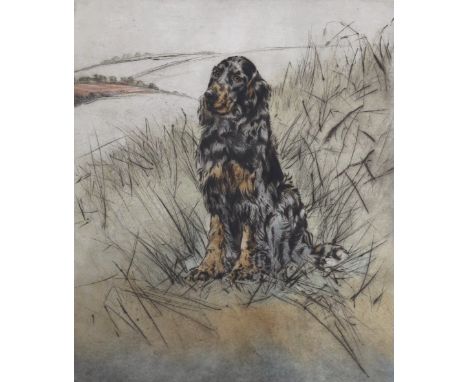 Henry Wilkinson (1921-2011), coloured etching, Gordon Setter in a landscape, signed in pencil, 145/150, 30 x 25cm