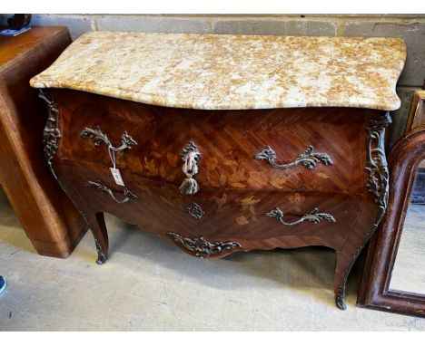 A Louis XV style marble top commode, width 116cm, depth 53cm, height 85cm