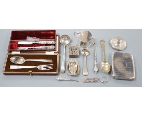 A small collection of sundry silver items including flatware, compact, cigarette case, mustard pot, sterling folding spoon, m