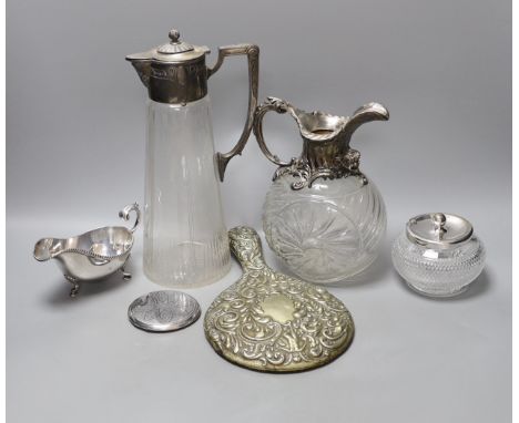 A WMF style plate mounted claret jug and  another, a sauce boat sugar bowl compact and mirror (6),Claret jug 29 cms high,