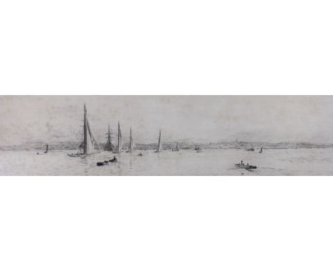 William Lionel Wyllie (1851-1931), drypoint etching, 'Yachts on the Solent', signed in pencil, 9 x 33cm