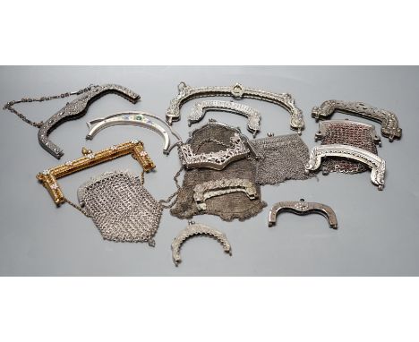 A silver enamel handbag frame, a gilt metal diamanté and enamel frame, eight mixed metal frames, a chain mail bag and three p