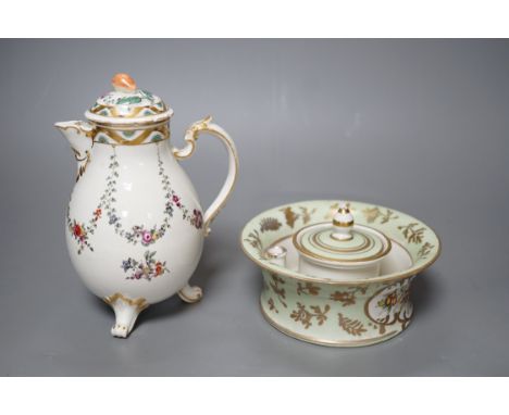 A Ludwigsburg three footed jug and cover painted with swags of flower c. 1770 and a 19th century French porcelain inkwell and