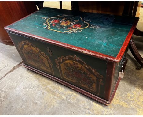 A 19th century Tyrolean style painted pine trunk, length 98cm, depth 54cm, height 50cm