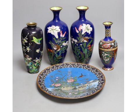 A group of Japanese cloisonné enamel wares to include a pair of vases, two other vases and a dish, Meiji period