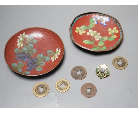 A group of Chinese coins, cloisonné enamel  wares and an enamelled badge