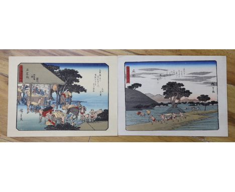 Hiroshige, two woodblock prints, Stations of The Tokaido, 21 x 28cm, unframed