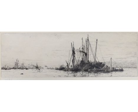 William Lionel Wyllie (1851-1931), drypoint etching, 'Unloading timber', signed in pencil, 11 x 33cm