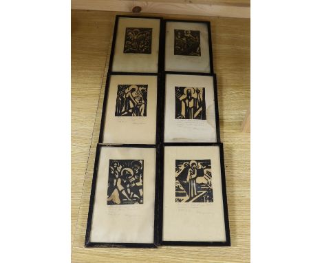 A group of six German woodblock prints, titled biblical scenes, frames 24 x 15cm