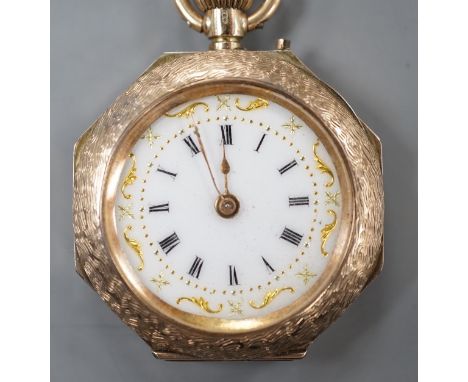 A 1920's 9ct gold and enamel octagonal fob watch, with Roman dial, case diameter 31mm, gross weight 23 grams.