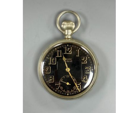 A mid 20th century nickel cased Rolex military issue open faced pocket watch, with black dial, case back with engraved broad 