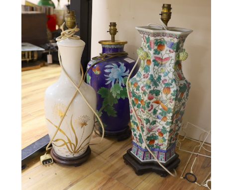 A large Chinese cloisonné enamel table lamp and two other table lamps (3)