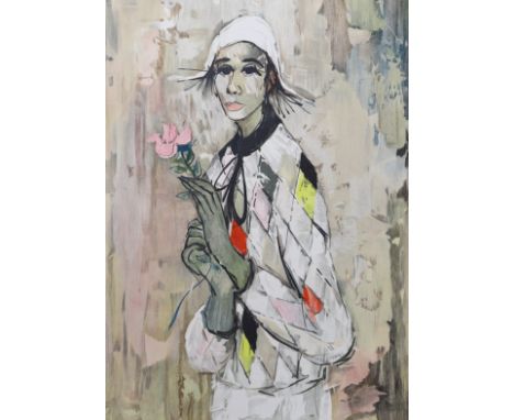 French School, lithograph, Harlequin holding a rose, indistinctly signed and numbered 120/150, 56 x 42cm, unframed