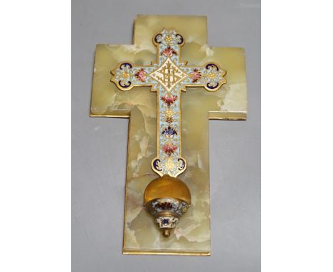 A French champleve enamel benitier (Holy water stoup) mounted on onyx, 21cm