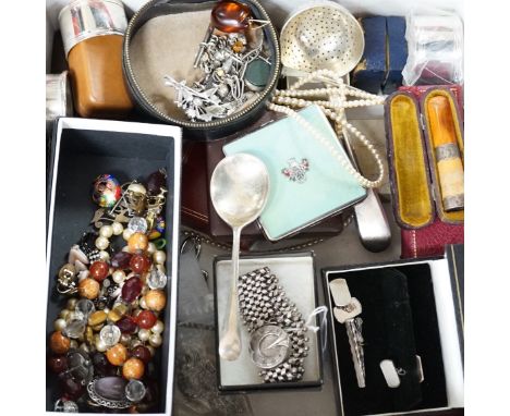 A collection of assorted jewellery including costume, silver and enamel flower head brooch, silver mounted amber cigarette ho