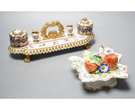 A 19th century Chamberlain Worcester inkstand painted with roses and heatsease, script mark, and a 19th century English porce