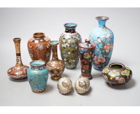 An assortment Japanese cloisonné enamel  and metal wares, largest vase 18.5cm high